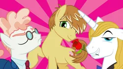 Size: 1280x720 | Tagged: safe, derpibooru import, feather bangs, prince blueblood, svengallop, earth pony, pony, unicorn, flower, flower in mouth, mouth hold, necktie, raised hoof, rose, rose in mouth, sunburst background