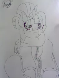 Size: 525x694 | Tagged: safe, artist:spero, derpibooru import, twilight sparkle, twilight sparkle (alicorn), alicorn, pony, alternate hairstyle, beautiful eyes, blushing, boopable, bun, clothes, cuddly, dawwww, equine, eyebrows, female, horn, horseshoes, jacket, looking at you, o.o, sitting, traditional art, wings
