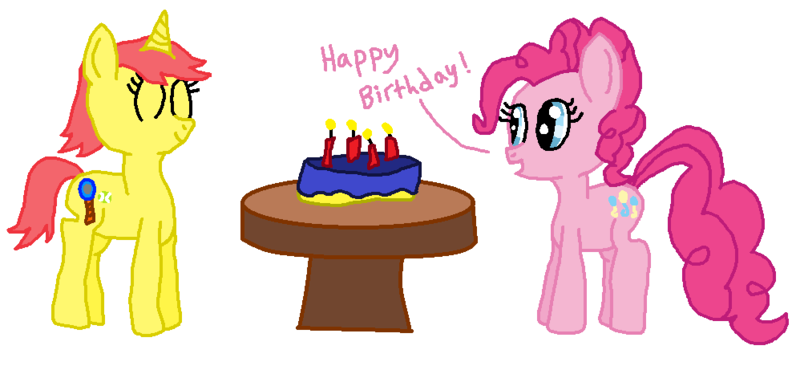 Size: 998x456 | Tagged: safe, artist:nightshadowmlp, derpibooru import, pinkie pie, oc, oc:game point, earth pony, pony, unicorn, birthday, cake, candle, food, simple background, smiling, table, text, white background