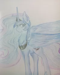 Size: 976x1224 | Tagged: source needed, safe, artist:okity, derpibooru import, princess luna, alicorn, pony, chest fluff, crown, female, jewelry, mare, peytral, regalia, solo, spread wings, traditional art, wings