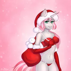 Size: 2000x2000 | Tagged: suggestive, artist:furrycrystal, derpibooru import, oc, oc:rosie quartz, unofficial characters only, anthro, unicorn, abstract background, anthro oc, bra, breasts, christmas, clothes, commission, costume, digital art, female, green eyes, hat, holiday, mare, panties, santa costume, santa hat, sexy, sexy santa costume, signature, solo, solo female, underwear, ych result