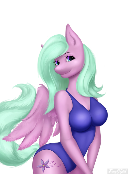 Size: 2331x3154 | Tagged: anthro, anthro oc, artist:furrycrystal, clothes, commission, derpibooru import, female, mare, oc, oc:lilac wind, one-piece swimsuit, pegasus, safe, simple background, solo, swimsuit, unofficial characters only, white background, ych result