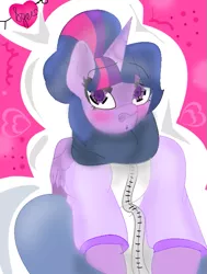 Size: 525x694 | Tagged: safe, alternate version, artist:spero, derpibooru import, twilight sparkle, twilight sparkle (alicorn), alicorn, pony, alternate hairstyle, beautiful eyes, blushing, boopable, bun, clothes, cuddly, dawwww, detached sleeves, equine, eyebrows, female, horn, jacket, looking at you, mare, o.o, pants, shading, wings, zipper