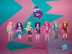 Size: 963x720 | Tagged: safe, derpibooru import, applejack, fluttershy, pinkie pie, rainbow dash, rarity, sci-twi, sunset shimmer, twilight sparkle, equestria girls, equestria girls series, doll, equestria girls logo, hasbro, hasbro logo, humane five, humane seven, humane six, merchandise, toy