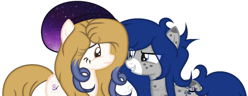 Size: 1024x398 | Tagged: safe, artist:drawfrommyspirit, derpibooru import, oc, oc:galaxy painter, oc:lephrasia treehoof, unofficial characters only, earth pony, pony, beanie, female, hat, mare