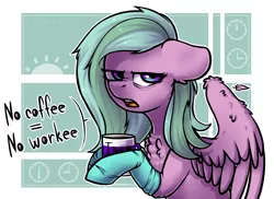 Size: 1212x881 | Tagged: safe, artist:trickate, derpibooru import, oc, oc:lilac wind, unofficial characters only, pegasus, pony, abstract background, annoyed, bags under eyes, clothes, coffee, commission, female, mare, socks, solo, tired, ych result