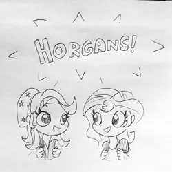 Size: 1211x1212 | Tagged: safe, artist:tjpones, derpibooru import, starlight glimmer, sunset shimmer, equestria girls, :d, black and white, cute, eye contact, female, glimmerbetes, grayscale, happy, horgans, lineart, looking at each other, monochrome, open mouth, shimmerbetes, simple background, sketch, smiling, traditional art, white background