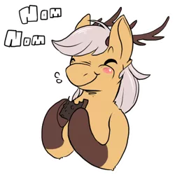 Size: 512x512 | Tagged: source needed, safe, artist:wishwasher, derpibooru import, oc, oc:antler pone, unofficial characters only, deer, deer pony, hybrid, original species, pony, :t, antlers, blushing, brownie, chest fluff, clothes, cute, ear fluff, eating, eyes closed, female, hoof hold, leg fluff, mare, nom, nose wrinkle, ocbetes, puffy cheeks, shoulder fluff, simple background, smiling, socks, solo, transparent background