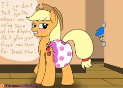 Size: 1400x1000 | Tagged: suggestive, artist:spritepony, derpibooru import, applejack, oc, oc:sprite, alicorn, pony, alicorn oc, blushing, clothes, diaper, diaper fetish, fetish, hat, horn, lip bite, patreon, patreon link, patreon logo, poofy diaper, presenting, redrawn, solo focus, speech bubble, text, wings