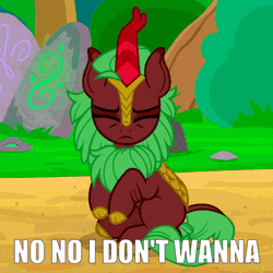 Size: 850x850 | Tagged: adorable distress, animated, background kirin, caption, cinderbetes, cinder glow, cute, derpibooru import, do not want, edit, editor:axal-5, eyes closed, female, floppy ears, frown, gif, gif with captions, image macro, impact font, jacksepticeye, kirin, kirin village, leonine tail, meme, reaction gif, safe, screencap, sitting, sounds of silence, summer flare, text, text edit