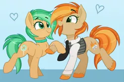 Size: 2900x1927 | Tagged: safe, artist:thegamblehorse, deleted from derpibooru, derpibooru import, oc, oc:minty pop, oc:parlay, unofficial characters only, earth pony, pony, clothes, colored sketch, female, floating heart, freckles, heart, holding hooves, jewelry, lesbian, looking at each other, mare, necklace, necktie, oc x oc, open mouth, parpop, shipping, simple background, unshorn fetlocks, vest