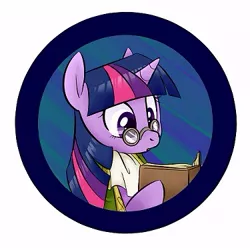 Size: 375x375 | Tagged: safe, artist:jessy, derpibooru import, twilight sparkle, pony, abstract background, book, bust, button, clothes, female, glasses, mare, reading, solo