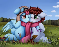 Size: 2950x2350 | Tagged: safe, artist:pridark, derpibooru import, oc, oc:aurora breeze, oc:graph travel, unofficial characters only, pegasus, pony, aviator goggles, aviator hat, blushing, clothes, female, field, flower, freckles, goggles, grass, hat, lesbian, looking at each other, mare, oc x oc, scarf, shared clothing, shared scarf, sharing, shipping, tree, vest