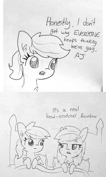 Size: 1287x2152 | Tagged: safe, artist:tjpones, derpibooru import, edit, applejack, rainbow dash, pony, appledash, bed, black and white, female, grayscale, lesbian, lineart, mare, monochrome, no homo, not gay, on bed, rainbow dumb, shipping, traditional art