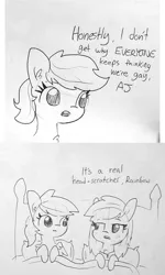 Size: 1287x2152 | Tagged: safe, artist:tjpones, derpibooru import, edit, applejack, rainbow dash, pony, appledash, bed, black and white, female, grayscale, lesbian, lineart, mare, monochrome, no homo, not gay, on bed, rainbow dumb, shipping, traditional art