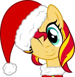 Size: 6070x6183 | Tagged: safe, artist:pink1ejack, derpibooru import, sunset shimmer, pony, unicorn, absurd resolution, christmas, christmas ponies, cute, female, hat, holiday, mare, one eye closed, santa hat, shimmerbetes, simple background, solo, transparent background, vector, wink