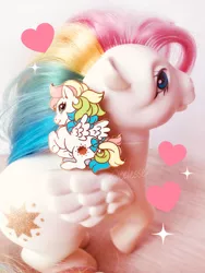 Size: 600x800 | Tagged: safe, artist:celesse, derpibooru import, starshine, pegasus, pony, badge, bow, craft, enamel, g1, heart, irl, looking at you, looking back, looking back at you, merchandise, photo, pin, rearing, spread wings, tail bow, toy, wings