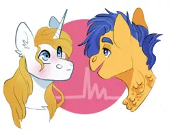 Size: 700x550 | Tagged: safe, artist:meepxmorp, derpibooru import, flash sentry, prince blueblood, pegasus, pony, unicorn, bluesentry, bust, electrocardiogram, gay, heart, looking at each other, male, shipping