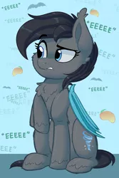 Size: 2000x3000 | Tagged: safe, artist:thegamblehorse, deleted from derpibooru, derpibooru import, oc, oc:seachell, unofficial characters only, bat pony, pony, bat pony oc, bat wings, chest fluff, colored sketch, cringing, eeee, female, mare, simple background, sitting, solo, unshorn fetlocks, wince, wings