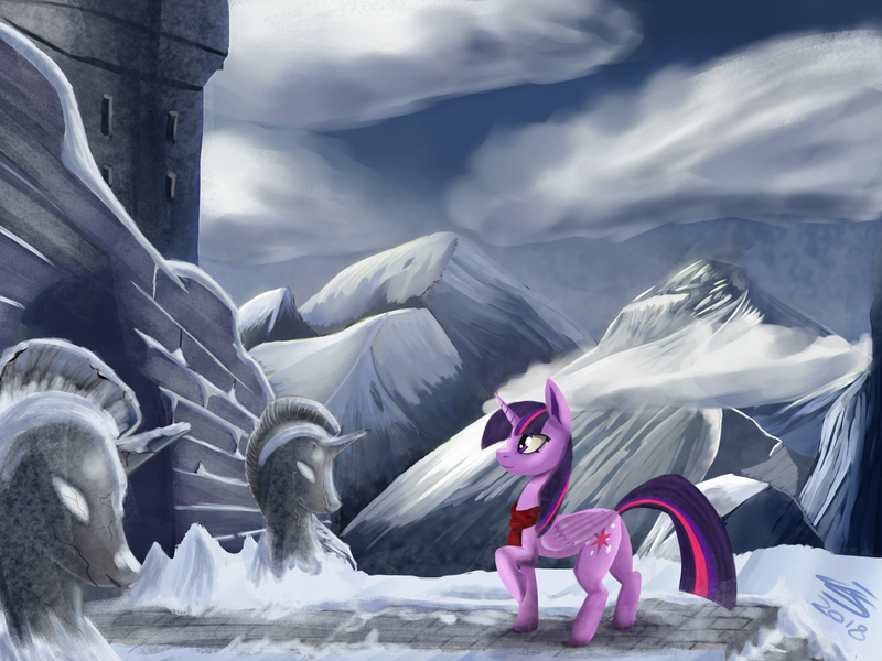 Size: 2400x1800 | Tagged: safe, artist:ilicksunshine, derpibooru import, twilight sparkle, twilight sparkle (alicorn), alicorn, pony, castle, clothes, female, folded wings, looking at something, mare, mountain, outdoors, profile, raised hoof, scarf, snow, solo, standing, wings