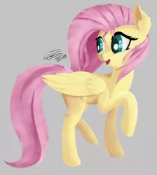 Size: 1024x1145 | Tagged: safe, artist:ilicksunshine, derpibooru import, fluttershy, pegasus, pony, female, folded wings, gray background, head turn, looking away, looking back, mare, open mouth, raised hoof, raised leg, simple background, smiling, solo, standing, stray strand, wings