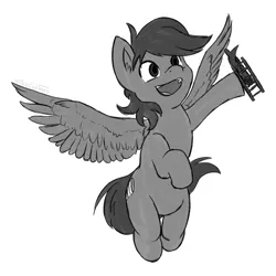 Size: 693x693 | Tagged: safe, artist:pagecartoons, derpibooru import, oc, oc:focal length, pegasus, pony, commission, flying, grayscale, male, monochrome, simple background, sketch, toy plane, white background