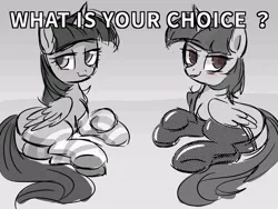 Size: 960x720 | Tagged: safe, artist:colorfulcolor233, derpibooru import, mean twilight sparkle, twilight sparkle, twilight sparkle (alicorn), alicorn, pony, the mean 6, :3, bedroom eyes, blushing, butt, clone, clothes, comparison, female, gray background, grayscale, grin, lidded eyes, looking at you, looking back, mare, monochrome, plot, self ponidox, side, simple background, smiling, smirk, socks, striped socks, text, thigh highs, underhoof, why not both