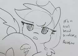 Size: 1108x802 | Tagged: suggestive, artist:tjpones, derpibooru import, applejack, rainbow dash, earth pony, pegasus, pony, appledash, black and white, butt, deadpan, dialogue, female, grayscale, implied cunnilingus, implied oral, implied sex, lesbian, lewd, lineart, mare, monochrome, plot, shipping, simple background, traditional art