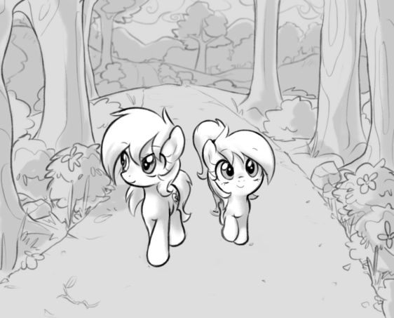 Size: 562x453 | Tagged: safe, artist:pestil, derpibooru import, oc, oc:aryanne, oc:luftkrieg, unofficial characters only, pegasus, pony, aryan, aryan pony, black and white, blonde, cute, duo, female, filly, flower, forest background, grayscale, luftkriebetes, mare, monochrome, nazi, nazipone, path, ponytail, pool:luftkrieg cyoa, road, siblings, sisters, smiling, tree, walking, young