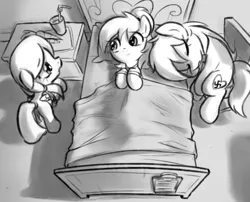 Size: 562x453 | Tagged: safe, artist:pestil, derpibooru import, oc, oc:aryanne, oc:ilse, oc:luftkrieg, unofficial characters only, earth pony, pegasus, pony, aryan, aryan pony, bed, black and white, blanket, blonde, carrot, chair, cup, cute, eyes closed, female, filly, food, grayscale, monochrome, nazi, nazipone, open mouth, pool:luftkrieg cyoa, sleeping, straw