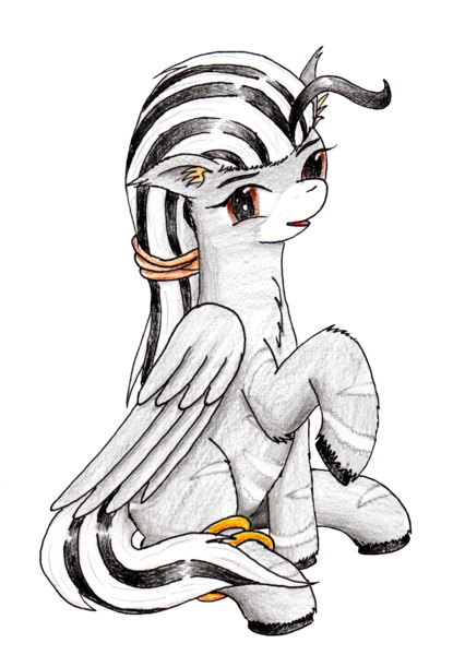 Size: 1966x2845 | Tagged: safe, artist:40kponyguy, derpibooru import, edit, oc, oc:kujivunia, unofficial characters only, pegasus, zebra, 2019 community collab, derpibooru community collaboration, ear fluff, floppy ears, fluffy, image, leg bracelet, looking at you, png, raised hoof, simple background, solo, traditional art, transparent background, zebra oc