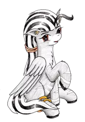 Size: 1966x2845 | Tagged: safe, artist:40kponyguy, derpibooru import, edit, oc, oc:kujivunia, unofficial characters only, pegasus, zebra, 2019 community collab, derpibooru community collaboration, ear fluff, floppy ears, fluffy, image, leg bracelet, looking at you, png, raised hoof, simple background, solo, traditional art, transparent background, zebra oc