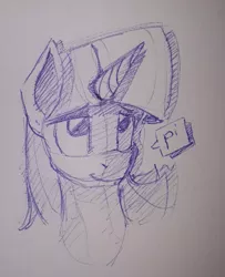 Size: 633x778 | Tagged: safe, artist:post-it, derpibooru import, twilight sparkle, pony, ballpoint pen, bust, female, lidded eyes, looking up, mare, monochrome, simple background, sketch, smiling, solo, traditional art, white background