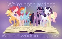 Size: 1280x800 | Tagged: safe, artist:toksinblack, derpibooru import, applejack, fluttershy, pinkie pie, rainbow dash, rarity, twilight sparkle, twilight sparkle (alicorn), alicorn, pony, fame and misfortune, beanbrows, eyebrows, eyes closed, flawless, lyrics, mane six, open mouth, scene interpretation, song reference, text, we're not flawless