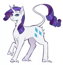 Size: 626x644 | Tagged: safe, artist:biskyfresh, derpibooru import, part of a set, rarity, pony, unicorn, cutie mark, female, leonine tail, looking at you, mare, raised hoof, simple background, smiling, solo, unshorn fetlocks, white background