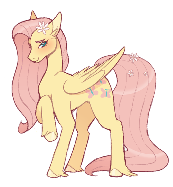 Size: 653x703 | Tagged: safe, artist:biskyfresh, derpibooru import, part of a set, fluttershy, pegasus, pony, blushing, colored hooves, cutie mark, female, floppy ears, flower, flower in hair, looking at you, mare, raised hoof, simple background, solo, unshorn fetlocks, white background