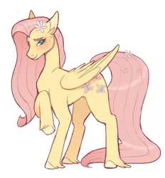 Size: 653x703 | Tagged: safe, artist:biskyfresh, derpibooru import, part of a set, fluttershy, pegasus, pony, blushing, colored hooves, cutie mark, female, floppy ears, flower, flower in hair, looking at you, mare, raised hoof, simple background, solo, unshorn fetlocks, white background