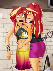 Size: 1920x2560 | Tagged: suggestive, artist:slackerburst, derpibooru import, sunset shimmer, equestria girls, against wall, belly button, black swimsuit, blushing, breasts, clothes, cutie mark swimsuit, female, gag, jeweled swimsuit, lesbian, licking, licking lips, sarong, self paradox, self ponidox, selfcest, shipping, summer sunset, swimsuit, tape, tape gag, tongue out