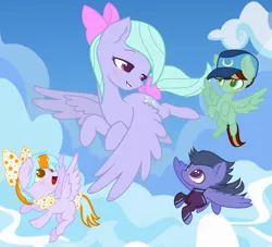 Size: 2376x2160 | Tagged: safe, artist:razorbladetheunicron, derpibooru import, flitter, oc, oc:blizzard, oc:citrus surprise, oc:mint chip, pegasus, pony, lateverse, base used, baseball cap, blank flank, bow, cap, clothes, colt, cutie mark, female, filly, flying, foal, group, hair bow, hat, jacket, male, mare, mother and child, next generation, offspring, parent:flitter, parent:thunderlane, parents:flitterlane, scarf, sky, tail bow