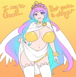 Size: 1280x1302 | Tagged: absolute cleavage, adorasexy, armor, artist:jonfawkes, beautiful, big breasts, bracelet, breasts, busty princess celestia, choker, cleavage, clothes, collar, crown, cute, derpibooru import, dialogue, huge breasts, human, humanized, jewelry, looking at you, moe, multicolored hair, necklace, praise the sun, princess celestia, purple eyes, regalia, series:nightmare war, sexy, skirt, skirt lift, socks, stockings, stupid sexy celestia, suggestive, thigh highs, toga, unconvincing armor, undressing, winged humanization, wings