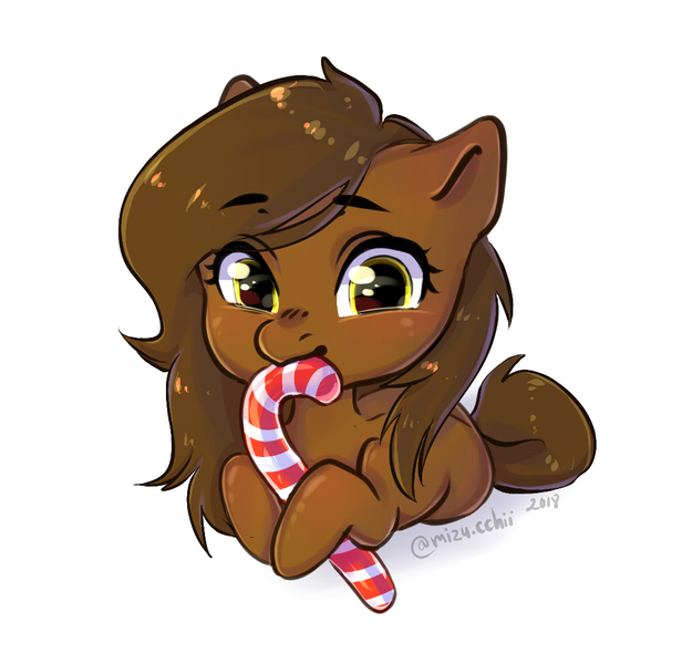 Size: 1013x972 | Tagged: safe, artist:errorren, artist:mizu_chan, derpibooru import, oc, oc:doctor hearts, unofficial characters only, earth pony, pony, candy, candy cane, commission, cute, digital art, female, food, mare, prone, signature, simple background, sitting, solo, white background, ych result