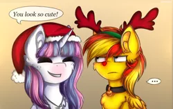 Size: 782x494 | Tagged: safe, artist:deraniel, derpibooru import, oc, oc:fire sky, oc:winter eclipse, unofficial characters only, pegasus, pony, unicorn, choker, christmas, commission, dialogue, digital art, duo, ear fluff, eyes closed, female, frown, gradient background, hat, holiday, jewelry, laughing, male, mare, necklace, red nose, santa hat, signature, stallion, unamused, ych result