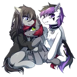 Size: 1200x1200 | Tagged: safe, artist:swaybat, derpibooru import, oc, oc:midnight abyss, oc:swaybat, unofficial characters only, bat pony, earth pony, pegasus, pony, 2019 community collab, derpibooru community collaboration, clothes, collar, female, hoodie, hug, male, polyamory, simple background, transparent background