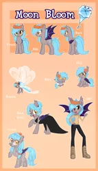 Size: 677x1186 | Tagged: safe, artist:cheila, artist:mailu, derpibooru import, oc, oc:moon bloom, unofficial characters only, bat pony, breezie, pony, equestria girls, bat pony oc, bat wings, clothes, commission, cutie mark, digital art, dress, female, filly, mare, reference sheet, show accurate, signature, simple background, solo, wings, ych result