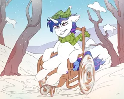 Size: 2020x1620 | Tagged: safe, artist:dodo, derpibooru import, oc, unofficial characters only, pony, unicorn, clothes, commission, digital art, female, frown, hat, mare, scarf, signature, snow, solo, tree, wheelchair, winter, ych result