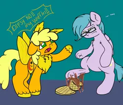 Size: 1200x1025 | Tagged: safe, artist:pavlovzdawg, derpibooru import, oc, oc:dipsy, oc:iona, unofficial characters only, pony, food, glasses, waffle