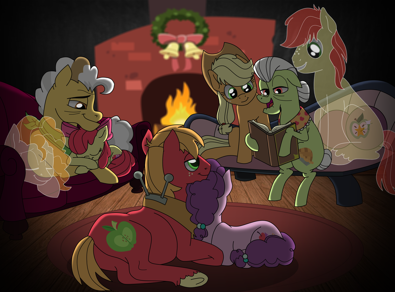 Size: 11522x8510 | Tagged: safe, artist:faitheverlasting, derpibooru import, apple bloom, applejack, big macintosh, bright mac, grand pear, granny smith, pear butter, sugar belle, earth pony, ghost, pony, undead, unicorn, absurd file size, absurd resolution, apple family, apple siblings, apple sisters, book, brother and sister, christmas wreath, cuddling, elderly, father and child, father and daughter, father and son, father and son-in-law, female, filly, fireplace, grandfather and grandchild, grandfather and granddaughter, grandfather and grandson, grandmother and grandchild, grandmother and granddaughter, grandmother and grandson, hearth's warming, male, mare, mother and child, mother and daughter, mother and daughter-in-law, mother and son, reading, shipping, siblings, sisters, sleeping, snuggling, stallion, straight, sugarmac, talking, wall of tags, wreath