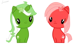 Size: 2500x1500 | Tagged: safe, artist:archooves, derpibooru import, oc, oc:downvote, oc:upvote, ponified, earth pony, pony, unicorn, derpibooru, cute, cutie mark crew, derpibooru ponified, meta, simple background, toy, transparent background