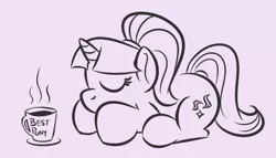 Size: 467x268 | Tagged: safe, artist:glimglam, derpibooru import, starlight glimmer, pony, unicorn, eyes closed, lineart, mug, prone, sleeping, solo, tumblr, tumblr 2018 nsfw purge