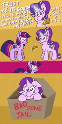 Size: 960x1920 | Tagged: safe, artist:threetwotwo32232, derpibooru import, starlight glimmer, twilight sparkle, twilight sparkle (alicorn), alicorn, pony, unicorn, box, comic, dialogue, food, gay baby jail, glowing horn, horn, phrasing, pineapple, pineapple pizza, pizza, pony in a box, punishment, pure unfiltered evil, teary eyes, that pony sure does love pineapple pizza, they're just so cheesy